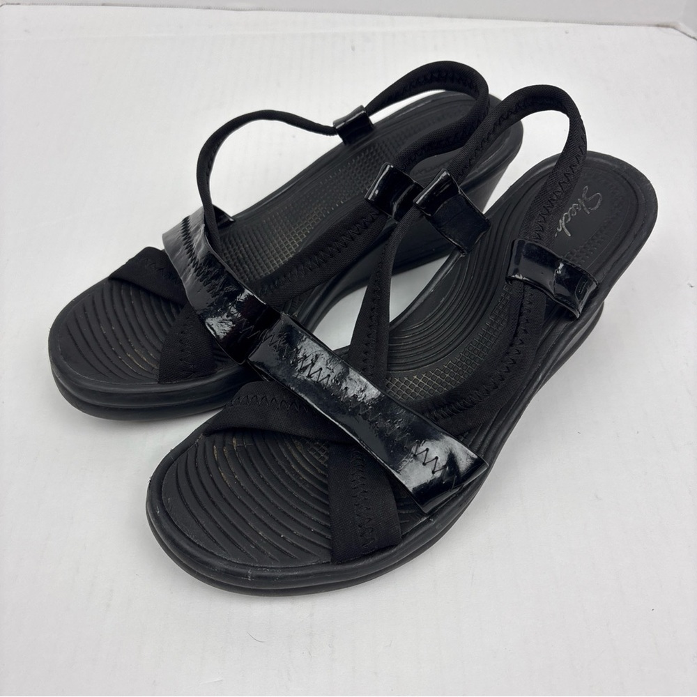 Skechers Women’s 10 Sandals Wedge Solid Black Cali Rumblers Strappy Summer Open